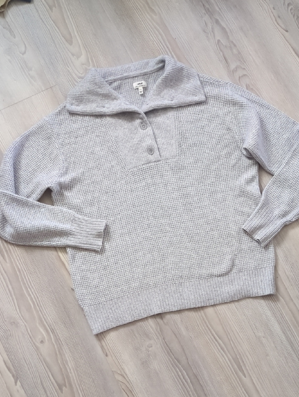 aerie Light Gray Waffle-Knit Button Collar Sweater S Oversized Cozy Soft Warm